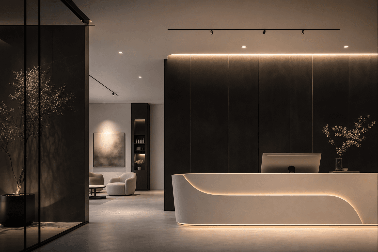 Minimalist high-tech medical clinic lobby with warm lighting and clean architectural lines